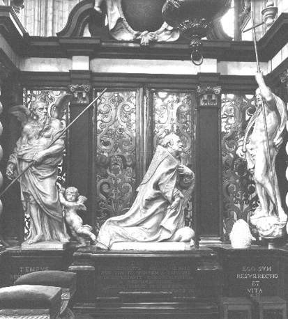 Koor, Grafmonument van aartsbisschop Andreas Cruesen; links: personificatie van de Tijd; rechts: de verrezene Christ