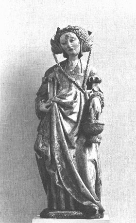 Heilige Dorothea, in haar linkerhand een mandje, in haar rechterhand een boek