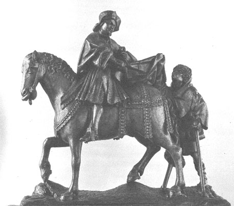 Sint Maarten (bisschop van Tours) te paard, met een bedelaar, die zijn mantel doormidden snijdt