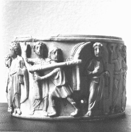 Pyxis: de genezen lamme met zijn bed en de Leraar (Christus)