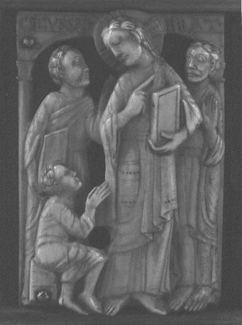 Draagaltaar (lange zijde), ivoren paneeltje: genezing van de blindgeborene  (wonderen van Christus)