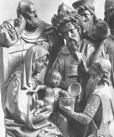 Aanbidding der koningen:  Jozef achter Maria met het Christuskind, twee koningen die hun giften aanbieden  (detail)
