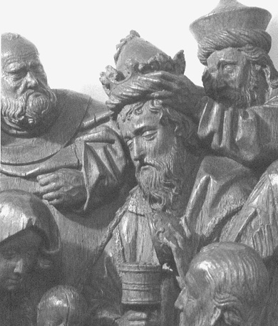 Aanbidding der koningen, detail: Jozef achter Maria (met het Christuskind), een koning die zijn gift aanbiedt terwijl een dienaar hem de kroon van het hoofd neemt