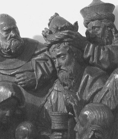 Aanbidding der koningen, detail: Jozef achter Maria (met het Christuskind), een koning die zijn gift aanbiedt terwijl een dienaar hem de kroon van het hoofd neemt