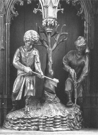 Retabel van Hakendover, detail: boom wordt omgehakt (met het oog op de bouw van de kerk)