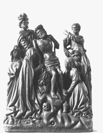 Christ wordt van het kruis genomen door Jozef van Arimatea en Nikodemus; op de voorgrond 4 vrouwen: Maria houdt de rechterhand van Christus vast, Maria Magdalena houdt zijn linkervoet vast