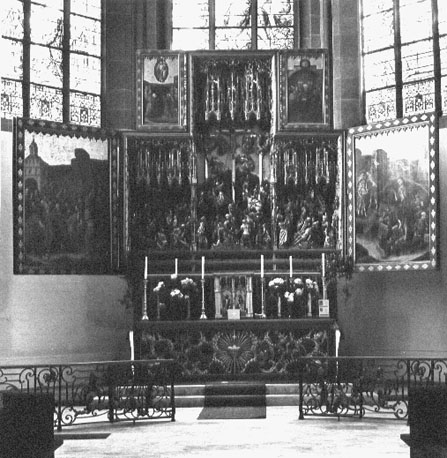 Retabel: Passie van Christus, prélude, kruisiging, kruisafname