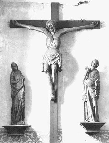 Christus aan het kruis met Johannes en Maria aan weerszijden van het kruis