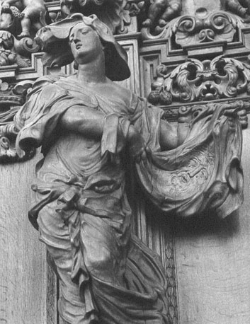Koorgestoelte, detail: heilige Veronica met zweetdoek met beeltenis van Christus