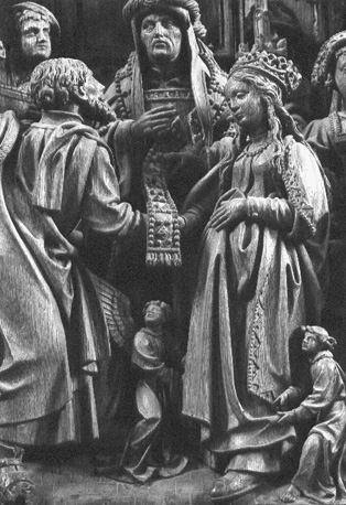 Mariaretabel, detail: huwelijk van Maria en Jozef, ze worden getrouwd door de hogepriester