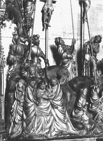 Passieretabel, detail: omstanders aan de voet van het kruis, onder wie Maria, Maria Magdalena, Johannes de Evangelist en soldaten te paard