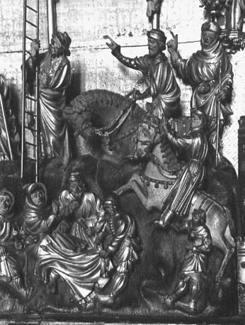 Passieretabel, detail: omstanders aan de voet van het kruis, onder wie soldaten die dobbelen om Christus' kleren