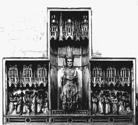Leonardusretabel; midden: sint Leonardus (met mijter); links en rechts: scènes uit zijn leven