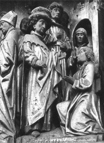 Leonardusretabel; detail: Leonardus smeekt de koning om vrijlating van een gevangene