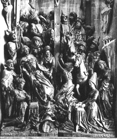 Retabel van Claudio Villa en Gentine Solaro, scène in midden: (Christus aan het kruis) Maria, Johannes en Maria Magdalena en vele anderen onder het kruis