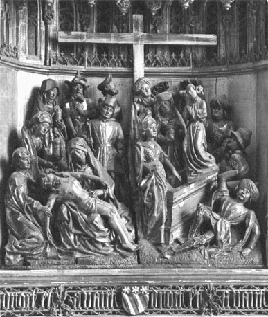 Retabel van Claudio Villa en Gentine Solaro; zijpaneel, twee scènes: bewening van de gestorven Christus; 'Verrijzenis van Christus', engel richt zich tot de heilige vrouwen