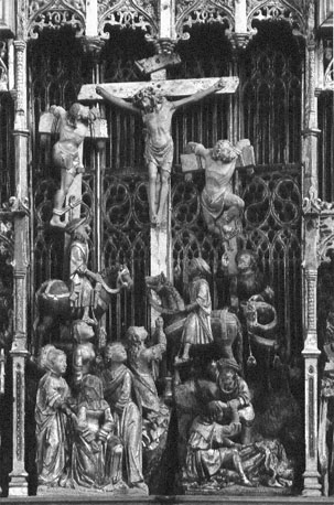 Passieretabel, centrale scène: kruisiging van Christus, omvattende voorstelling
