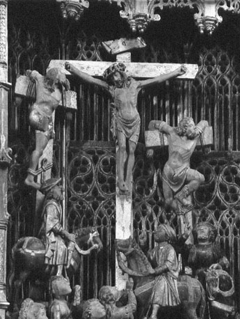 Passieretabel, centrale scène: kruisiging van Christus, omvattende voorstelling (bovenste deel)