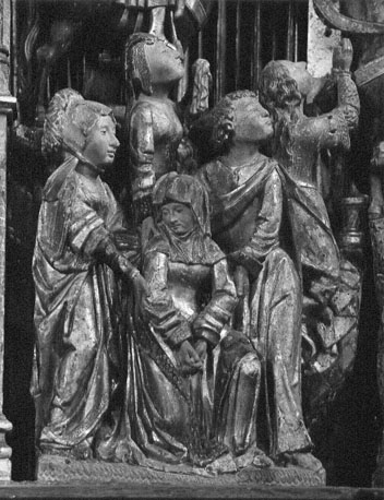 Passieretabel, centrale scène (kruisiging van Christus): Maria, Johannes, Maria Magdalena en andere vrouwen aan de voet van het kruis