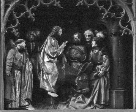 Passieretabel, detail: Intocht in Jeruzalem, kleding van mensen wordt uitgespreid voor Christus op de ezel