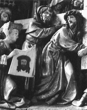 Passieretabel, detail: Christus draagt het kruis, geholpen door een ander persoon, en ontmoet Veronica
