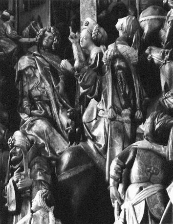 Passieretabel, centrale scène (kruisiging van Christus): Maria, Johannes, Maria Magdalena en andere personen aan de voet van het kruis, detail