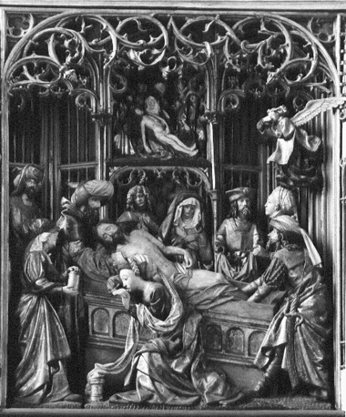 Passieretabel, detail: (voorbereidingen voor) de graflegging van Christus
