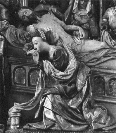 Passieretabel, scène: (voorbereidingen voor) de graflegging van Christus, detail: vrouw knielend naast Christus