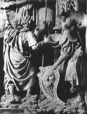 Altaarretabel met scènes uit het leven van Christus, centrale deel: Passie van Christus; detail: twee soldaten onder het kruis