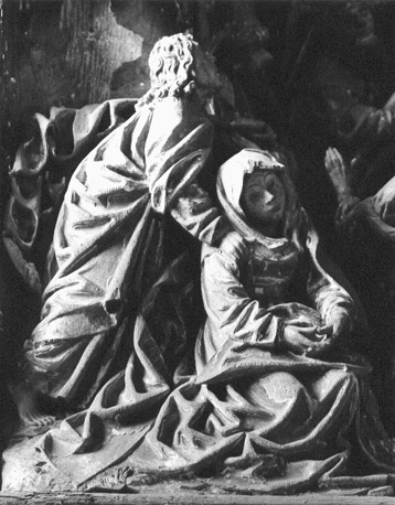 Altaarretabel met scènes uit het leven van Christus; Christus wordt van het kruis gehaald, detail: Johannes de Evangelist en Maria