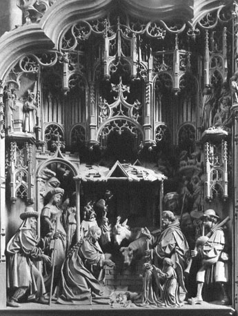 Mariaretabel, detail: aanbidding van het Christuskind door de herders