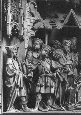 Mariaretabel: aanbidding van het Christuskind door de drie koningen (detail)