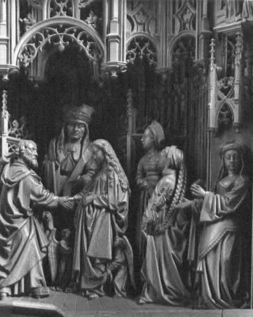 Mariaretabel, detail: huwelijk van Jozef en Maria in de tempel