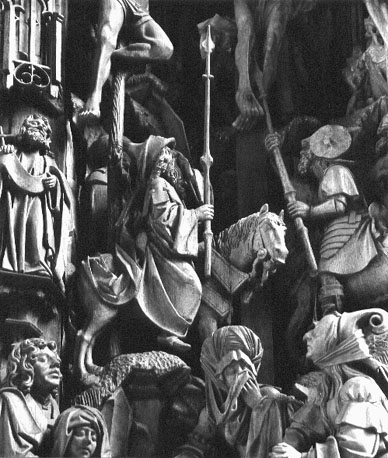 Passieretabel, kruisiging van Christus, detail: soldaten en wenende vrouwen onderaan het kruis