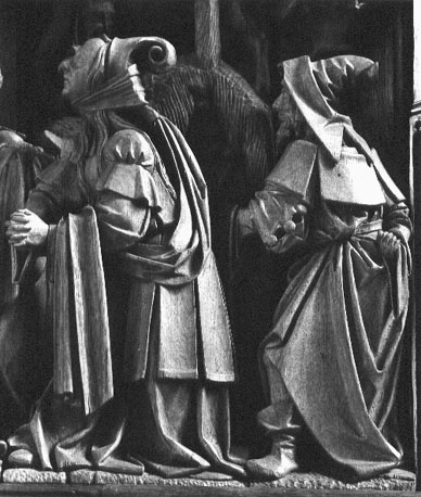 Passieretabel, kruisiging van Christus, detail: verschillende figuren onderaan het kruis