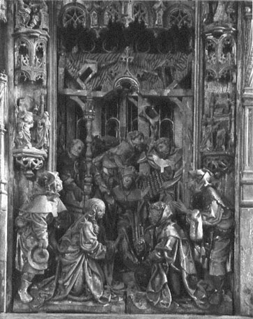 Mariaretabel (II), detail: aanbidding van het Christuskind door de herders, Maria en Jozef aanwezig