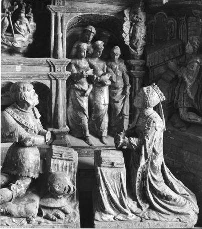 Retabel I, scènes uit het leven van Maria en scènes betreffende de belegering van Avesnes; detail: knielende donateurs: Philips en Anna van Croy