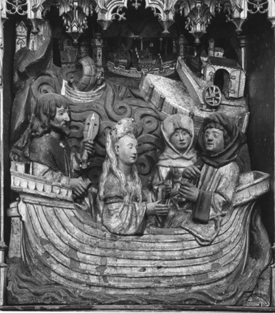 Dimpnaretabel, fragment: vlucht van de heilige Dimpna met de priester Gerebernus in een boot