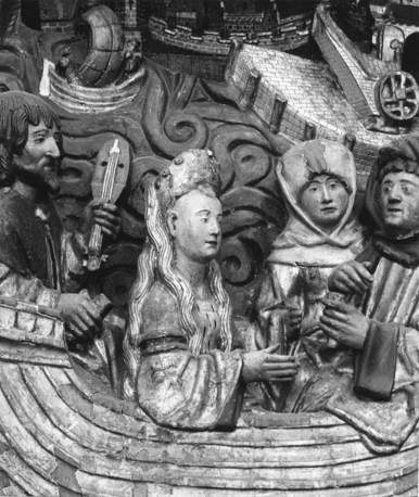 Dimpnaretabel, fragment: vlucht van de heilige Dimpna met de priester Gerebernus in een boot (detail)