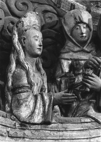 Dimpnaretabel, fragment: vlucht van de heilige Dimpna met de priester Gerebernus in een boot (detail)