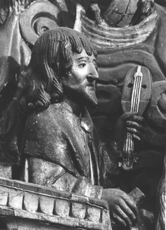 Dimpnaretabel, fragment: vlucht van de heilige Dimpna met de priester Gerebernus in een boot (detail)