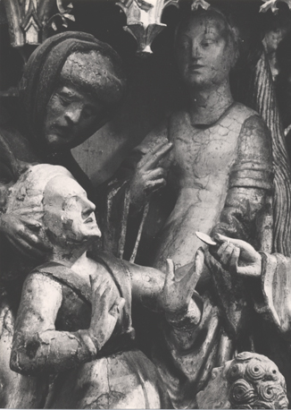 Dimpnaretabel, fragment: aanroeping van de heilige Dimpna, bezetenen en krankzinnigen worden genezen (detail)