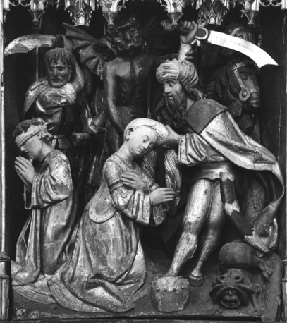 Dimpnaretabel, fragment: heilige Dimpna wordt onthoofd door haar vader, samen met de priester Gerebernus
