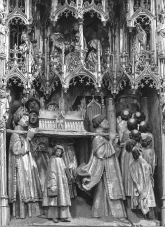 Dimpnaretabel, fragment: lichaam van de heilige Dimpna wordt in processie gedragen