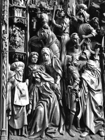 Passieretabel, detail: Veronica, Maria (bezwijmend) en soldaten aan de voet van het kruis