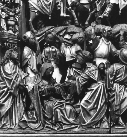 Passieretabel, middenpaneel, detail: figuren onderaan het kruis: Johannes, Maria (bezwijmend) en anderen