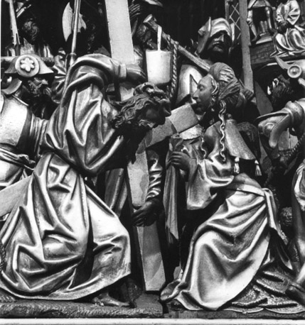 Passieretabel, linkerpaneel, detail: kruisdraging; Christus ontmoet Veronica met een zweetdoek