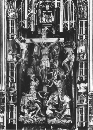 Zuidelijke zijbeuk, passieretabel, middenpaneel, detail: Christus aan het kruis