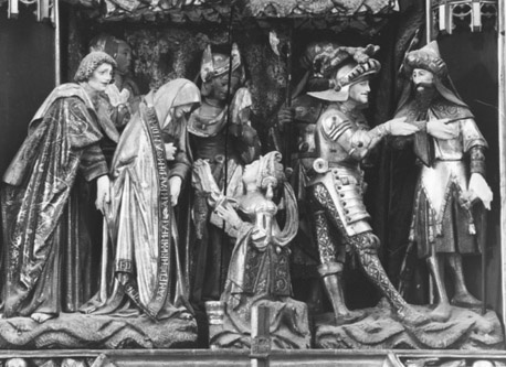 Zuidelijke zijbeuk, passieretabel, middenpaneel,  kruisiging van Christus, detail: Johannes, Maria en andere vrouwen, en soldaten onder het kruis