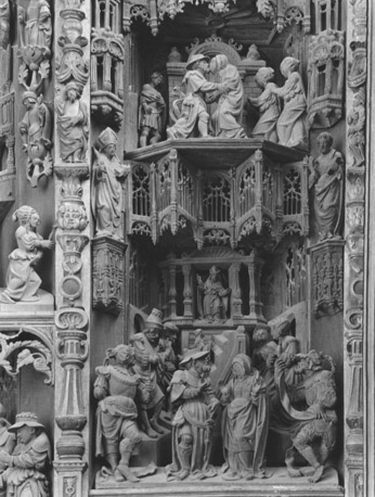 Sint-Annaretabel, rechter deel: ontmoeting van Anna en Joachim (boven); presentatie van Maria in de tempel (beneden)